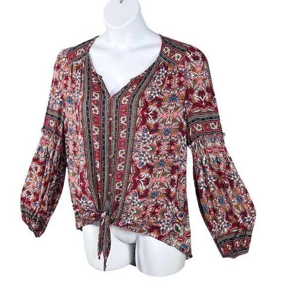 GiGio Womens M Boho Floral Blouse Smocked Cuff Balloon Sleeves Hippie Artsy Top - Picture 2 of 16